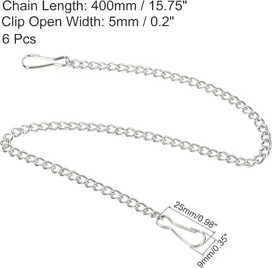 MECCANIXITY Hanging Chain with Snap Clips 15.75 Inch Garden Plant Hangers for Signboard Chalkboard Basket Lantern Wind Chime, Stainless Steel Pack of 6
