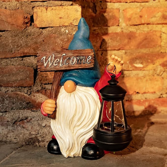 Garden Gnome Outdoor Decoration Solar Gnomes Statue with Lantern LED Lights,Terrace Courtyard Lawn Patio Porch Spring Decoration Easter Christmas Housewarming Gifts for Mom Women, Gnome Blue