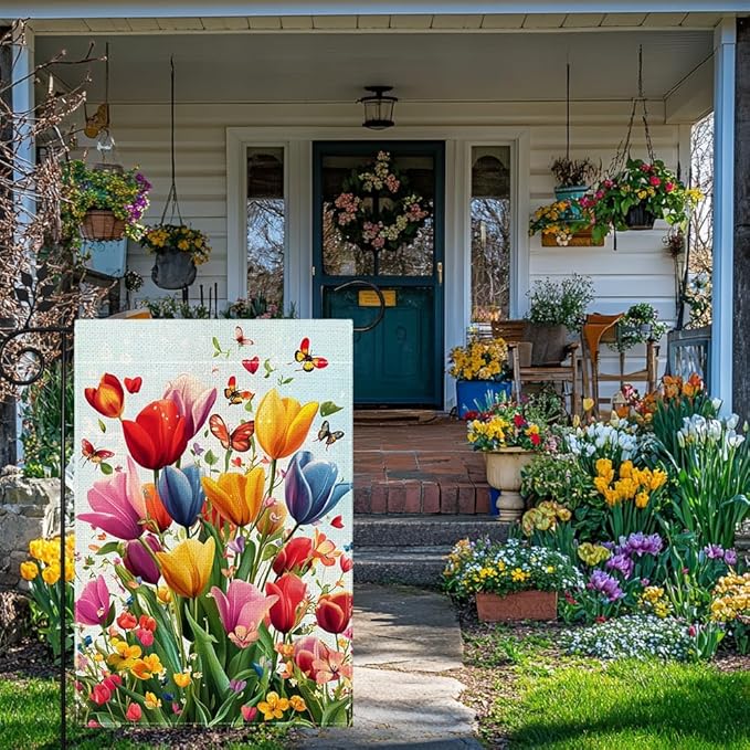 Spring Summer Tulip Garden Flag 12x18 Inch Double Sided, Colorful Welcome Yard Decor, Farmhouse Outdoor Flag for Lawn Patio Porch