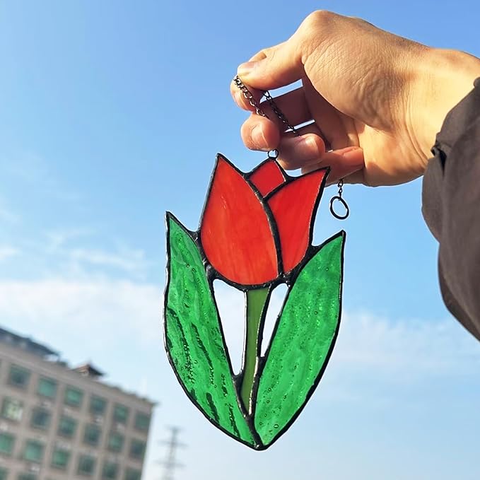 Tulip Stained Glass Window Hanging Suncatcher Handmade Flower Plant Stained Glass Sun Catchers Perfect for Indoor Window,Kitchen,and Living Rooms Spring Home Decor Gifts for Mom Women Plant Lover