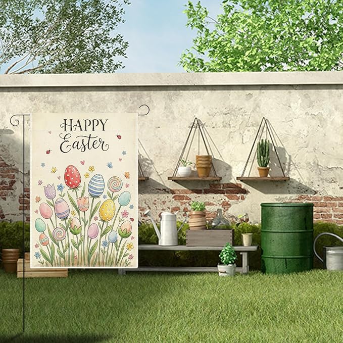 Happy Easter Flower Garden Flag Boho Easter Eggs Garden Flag Decor Spring Double Sided House Flag for Outside Yard Decorations 12×18 Inch