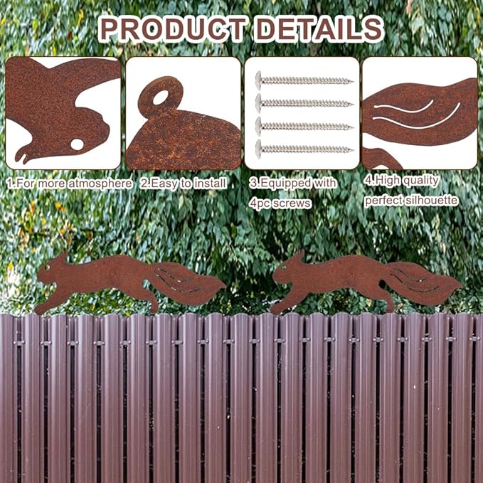 CREATCABIN 2Pcs Metal Squirrel Outdoor Decor Garden Silhouettes with Screws Rusty Running Squirrel Animal Iron Exquisite Art Sculpture Ornament for Outdoor Garden Tree Yard Home Decor 11.8 x 3.93 Inch