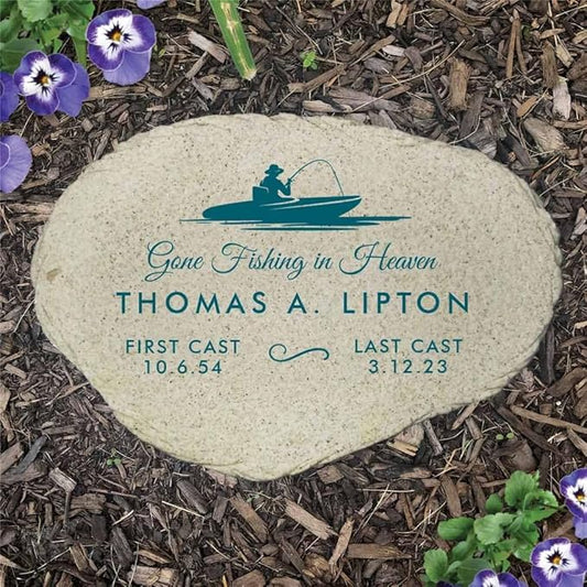 GiftsForYouNow Gone Fishing in Heaven Personalized Memorial Garden Stone, Flat UV Resin Stone, Measures 6" W x 4.5" H, Fisherman Memorial, Grandpa, Dad, Last Cast