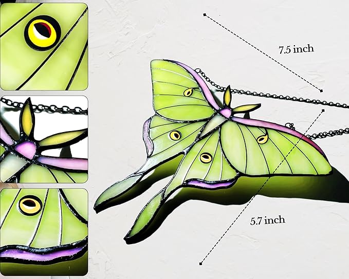 Luna Moth Stained Glass Window Hanging - Handmade Suncatcher Real Glass - Light Green Butterfly Light Catcher Elegant Gifts for Mother, Women, Grandma (Gifts-Box provided)