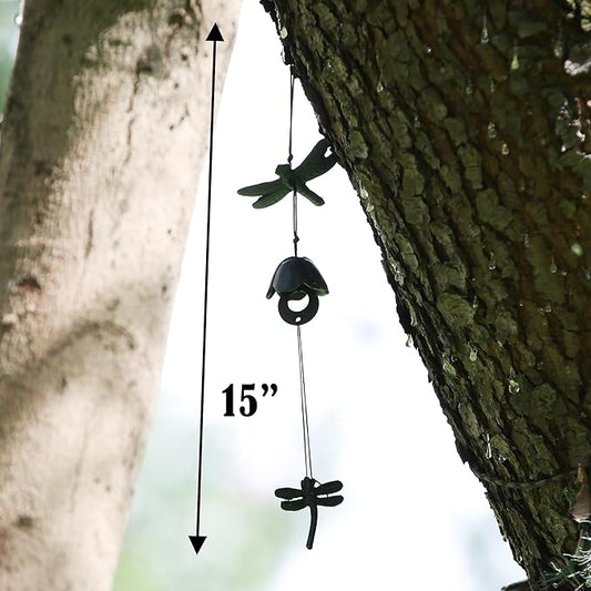 Japanese Wind Chime Cast-Iron Outdoor Ornament for Garden, Patio & Balcony, Hanging Metal Wind-Bell Decoration Gift, Blessing Pendant Windchimes, Green Dragonflies