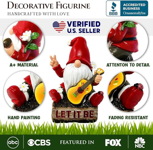 OrnamentallyYou Hippy Gnome with Guitar Garden Statue, Unique Flowers and Peace Sign