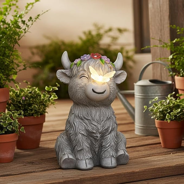 Solar Highland Cow Garden Statue with Glowing Butterfly, Outdoor Highland Cow Decorations for Patio Yard Lawn Ornaments, Gifts for Mom/Grandma Birthday Housewarming