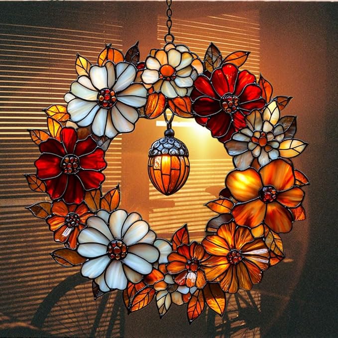 Autumn Floral Wreath Acrylic Suncatcher Stained Glass Effect Window Car Hanging Christmas Ornament Indoor Outdoor Decor Garden Sun Catcher Panel for Acrylic Suncatcher Lover for Women Mom Grandma