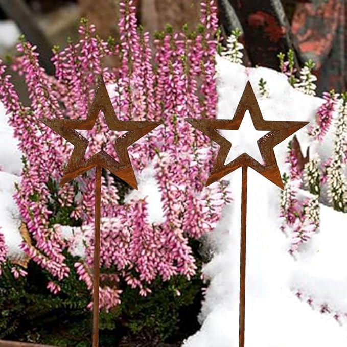 Rusty Star Garden Decor for Outdoor Courtyard and Flower Pot, Iron for Art Stake with Natural Rust Finish, 2-Pack, 250x90mm