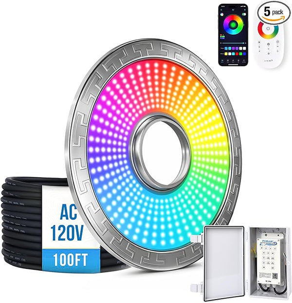 Pond Fountain Aerator Lights, RGB LED Color-Changing Aerator Floating Fountain Light, AC 120V, 100ft Cable with Controller, APP & Remote Control, IP68 Waterproof, Compatible with Most Pond Aerators