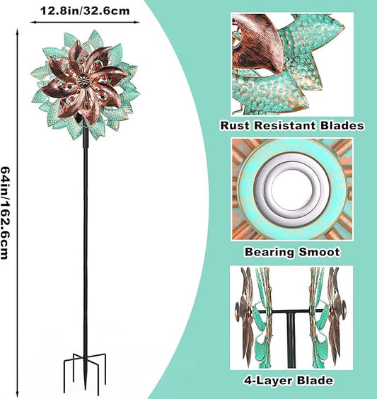 360°Metal Wind Spinners Outdoor for Garden Yard, 64" Kinetic Large Wind Spinner & Sculptures with Stable Metal Stake, Garden Windmill for Yard Lawn Patio Art Decor (Green-Brown)