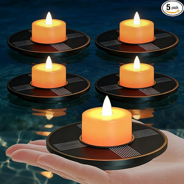 uuffoo Small Solar Floating Pool Lights 5-Pack, 2 Inch Solar-Powered Floating Candle Tealights for Pools, Pond, Garden & Patio, Auto On/Off, Flickering Ambiance for Outdoor Decor