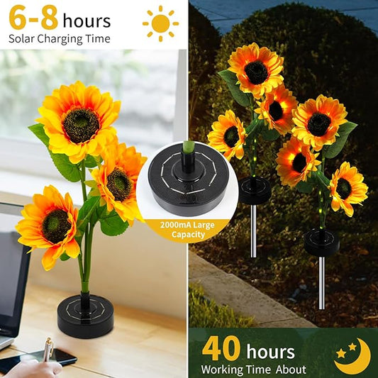 Sunflower Solar Flowers Lights - Solar Garden Lights Outdoor Waterproof, 40 Hour Solar Powered Outside Decor Decoration for Yard Patio Pathway Lawn, Birthday Gifts for Mom, 2pcs