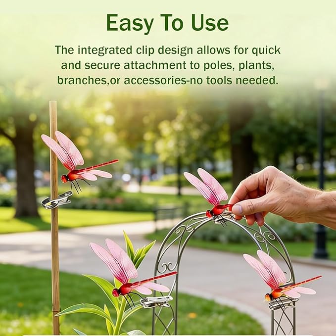 Upgrade 3D Simulation Fake Dragonfly Hat Clip to Keep Insects Away, 2026 New Plastic Dragonfly Garden Hummingbird Stakes with Sticks, Metal Garden Stakes Decorative Yard Ornaments Hat Golf Moving (4)