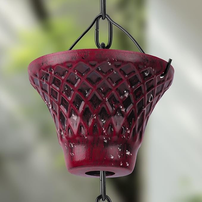 Retro Red Cup Rain Chain, 103.9" Metal Rain Catcher Chain for Gutters, Decorative Outdoor Rain Chain with Distressed Finish, Garden Downspout Diverter Replacement Gift