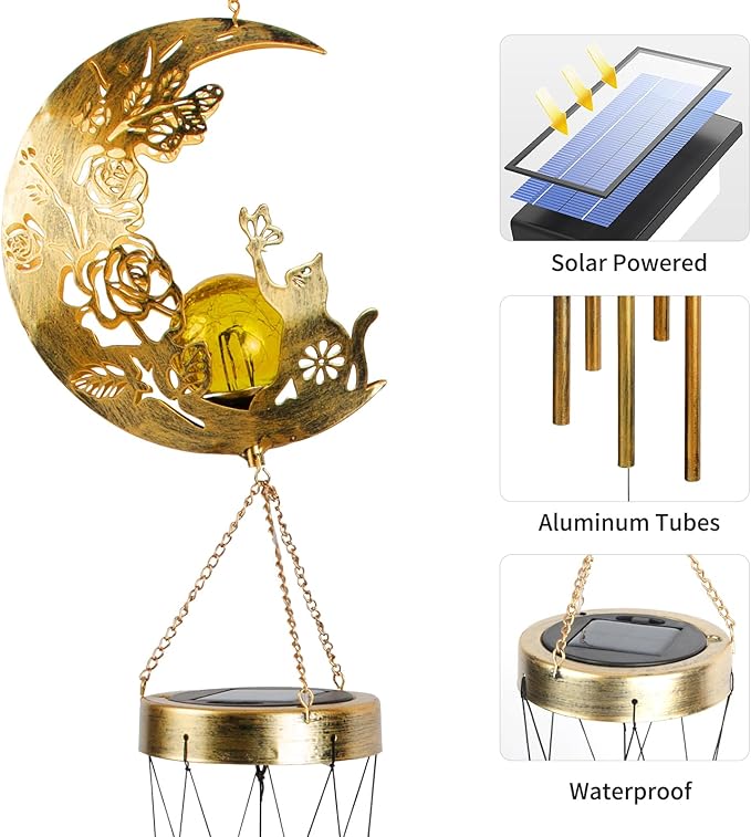 Cat Moon-Wind Chime, Cat Lover Gift Solar-Lantern Windchime, Wind Chimes Outdoor, Garden-Gifts, Garden Moon Decor, SolarWind Chimes, Solar-Light, Patio Hanging Light, Gifts for Mom, Grandma,Sister