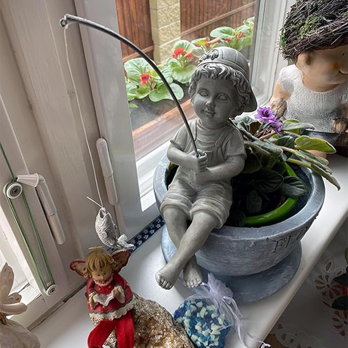 Goodeco Fisherboy Statue Garden Decor - 11" Little Fishing Guy for Koi Pond or Waterfalls, Poolside Statue with Glow in Dark Pebbles Included, Great Gifts for Mom, Women or Birthdays, Gift Ideas