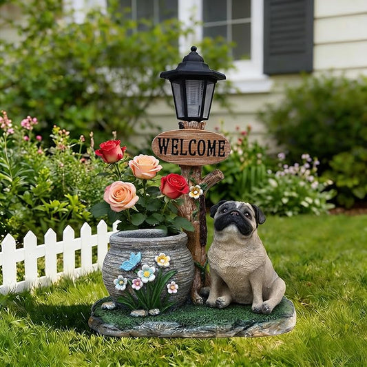 Solar Light Animal Outdoor Statue Planter with Welcome Sign, Resin Garden Sculpture Flower Pot for Patio Lawn Porch Yard Courtyard Decor, Weather-Resistant Decorative Figurine Accent (N)