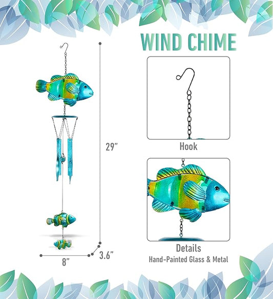 CoTa Global Lucky Fish Wind Chime - Handcrafted Glass and Metal Chime - Hanging Fish Decoration for Indoor and Outdoor Spaces, Hanging Ocean Animal Windchime Decor Gift - 29 Inches