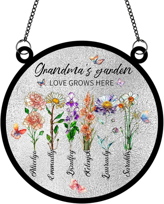 Personalized Grandmas Garden Stained Glass Suncatchers, Custom Name Birth Month Flowers Window Hanging Ornament, Mothers Day Christmas Birthday Gifts for Grandma Mom Nana Mimi (Round 1)