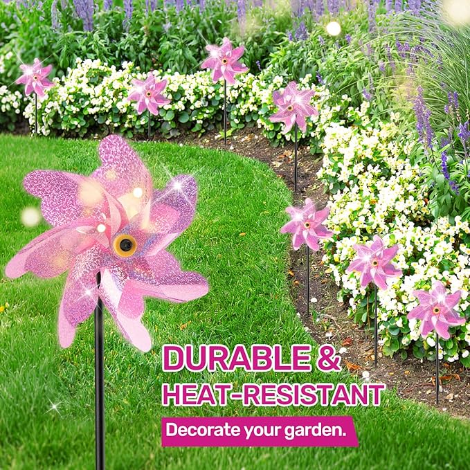 BATTIFE Reflective Pinwheels for Yard and Garden, Pre-Installed Bird Blinder Sparkly Pin Wheel, Scare Birds & Animal Away Wind Spinner, 10 Pack (Pink)