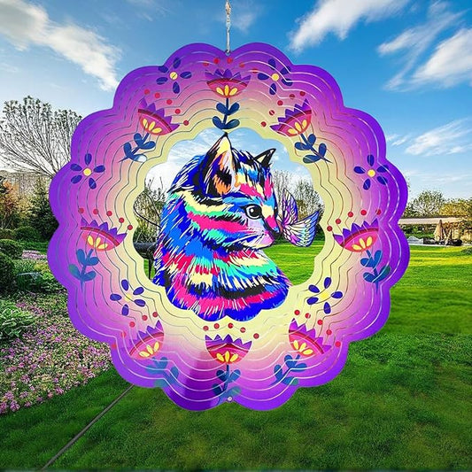 Wind Spinner, 3D Hanging Wind Spinner Ornament, Gifts for Women Mom Grandma, 12inch Metal Wind Kinetic Sculpture for Outdoor&Indoor Decor, Yard Art, Garden Decoration (Purple-Cat)