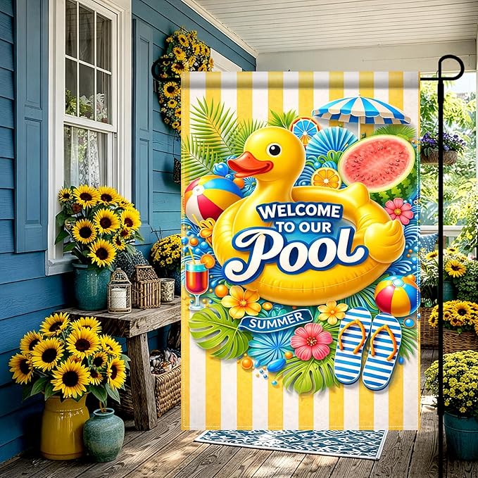 BlissYard Welcome To Our Pool Garden Flag 12x18 Double Sided Vertical Outdoor Decor Rubber Duck Summer Poolside Yard Garden Lawn Banner Bright Seasonal Display