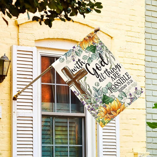 AVOIN colorlife Sunflower Spring Summer House Flag 28x40 Inch Double Sided Outside, With God All Things Are Possible Floral Yard Outdoor Decoration