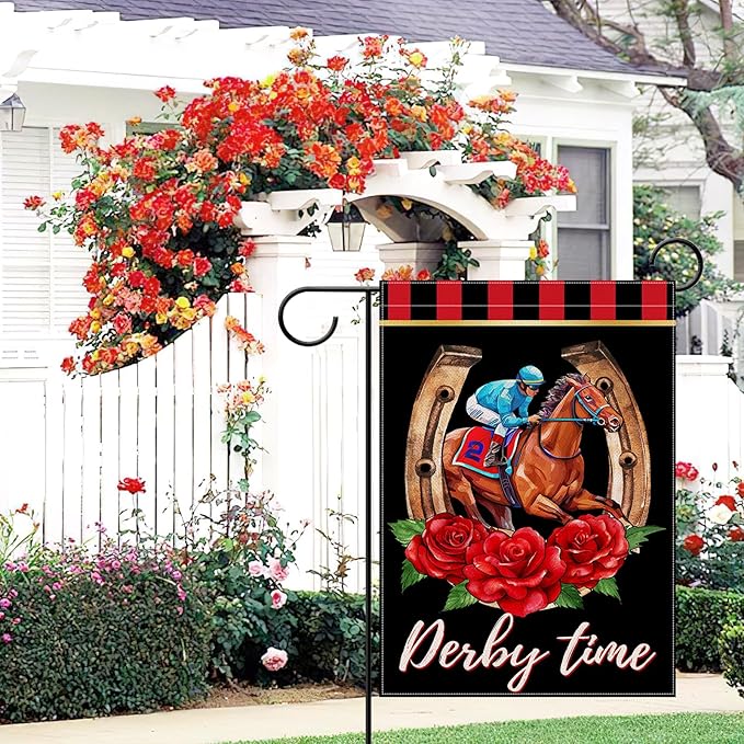 Artofy Derby Time Horse Racing Small Decorative Garden Flag, Kentucky Jockey Rose Flower Black Red Yard Lawn Outside Decor, Horseshoe Burlap Outdoor Home Decoration Double Sided 12 x 18