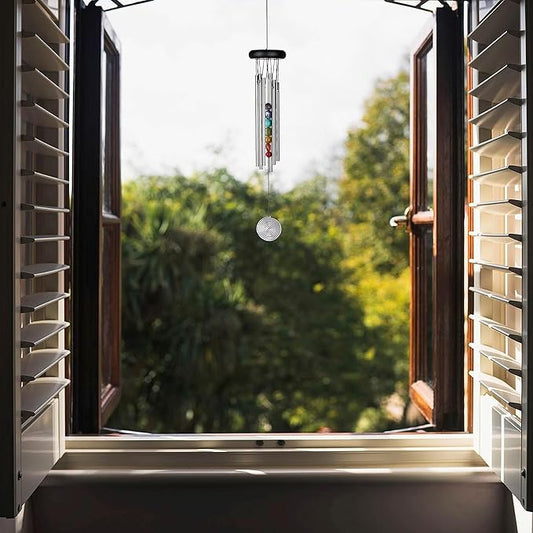 Woodstock Wind Chimes for Outside, Outdoor Decor, Outdoor and Patio Decor, Porch Decor, Meditation, Yoga, Awareness, Relaxation, 17" Woodstock Chakra Chime Seven Stones (CC7)