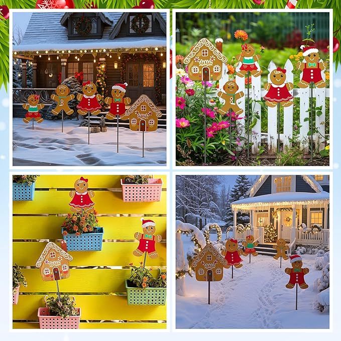 Roowest 5 Pack 12'' H Metal Christmas Yard Stakes Outdoor Decorations Gingerbread Man House Garden Signs Christmas Potted Plant Stakes for Holiday Winter Home Lawn Garden Porch Walkway Party Decor