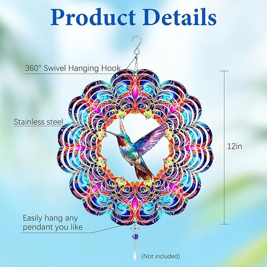 Wazzio Hummingbird Wind Spinner 12" Metal, Hummingbird Gifts for Women Mom Wife Grandma, Outdoor Indoor Hanging Ornament for Garden Porch Backyard Lawn, Gift for Birthday Thanksgiving Christmas