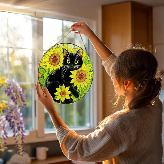 Stained Glass Window Hanging, 8 Inch Black Cat Sun Catcher, Suncatchers for Windows, Sunlight Catcher Glass, Window Hanging Decor, Gifts for Cats Lovers, Mom Gift, Black Cat Decor Gifts