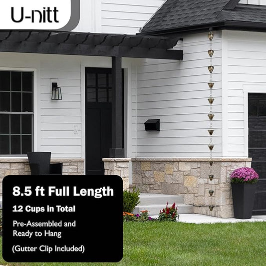 U-nitt Rain Chain Water Collection for Gutters Rainwater Catcher & Diverter, 8.5 FT Chains for Outside Garden, Sunflower Cups, Roof Downspout, Works with Heavy Rain, w/Gutter Clip for Rainchains