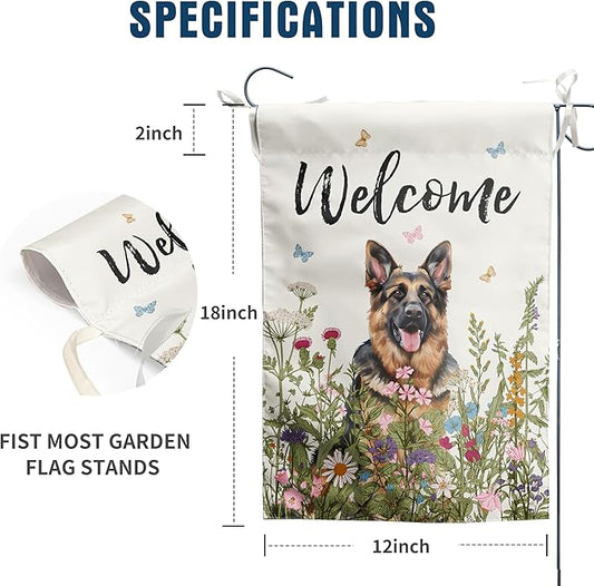 Spring Summer Garden Flag Floral German Shepherd Yard Flag Flower Dog Garden Flags for Outside Small Outdoor Welcome Flags 12x18 Double Sided