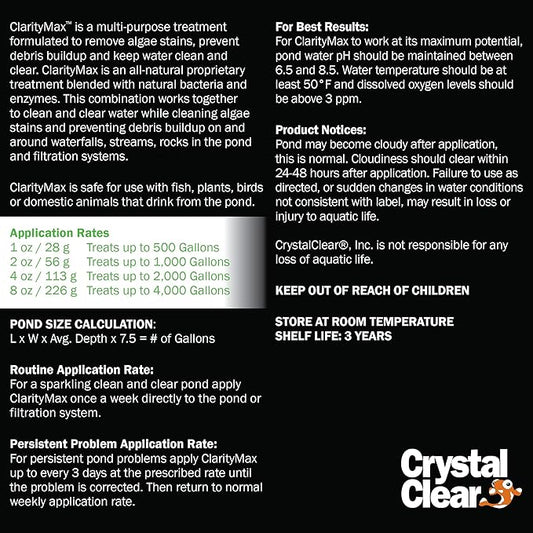 CrystalClear ClarityMax, All-in-One Pond Clarifier Treatment, All-Natural Beneficial Microbes & Enzymes Provide Max Clarity, Koi Fish & Pet Safe, Algae Stain Remover, Crystal Clear Water Garden 2.5 LB