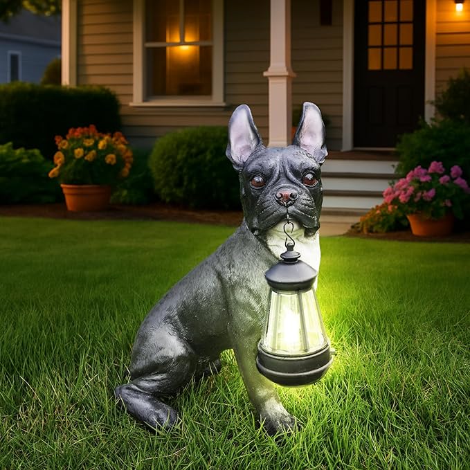 Frenchie Chic Entry Accent with Solar Lantern & Double-Sided Sign, Sitting Black French Bulldog Statue for Porch Seating, Hallway & Patio
