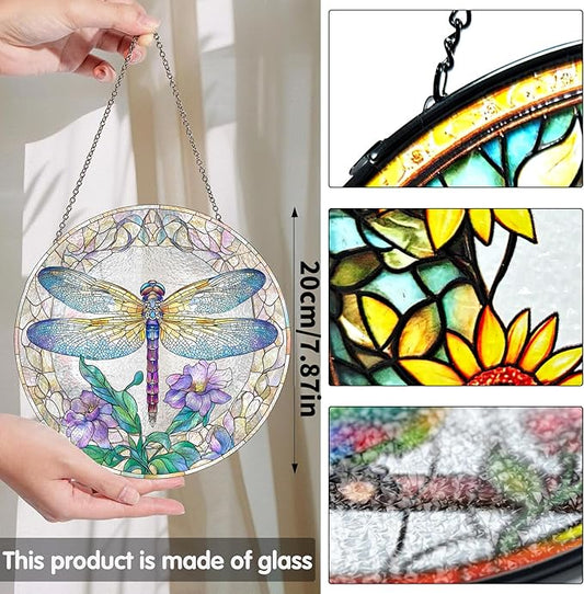 Bimkole Dragonfly Stained Glass Suncatcher Window Hanging - Flower Indoor Window or Doorway Decoration - Handmade Sun Catcher Decor for Garden Home Christmas & Birthday Gifts 7.87x7.87 inch