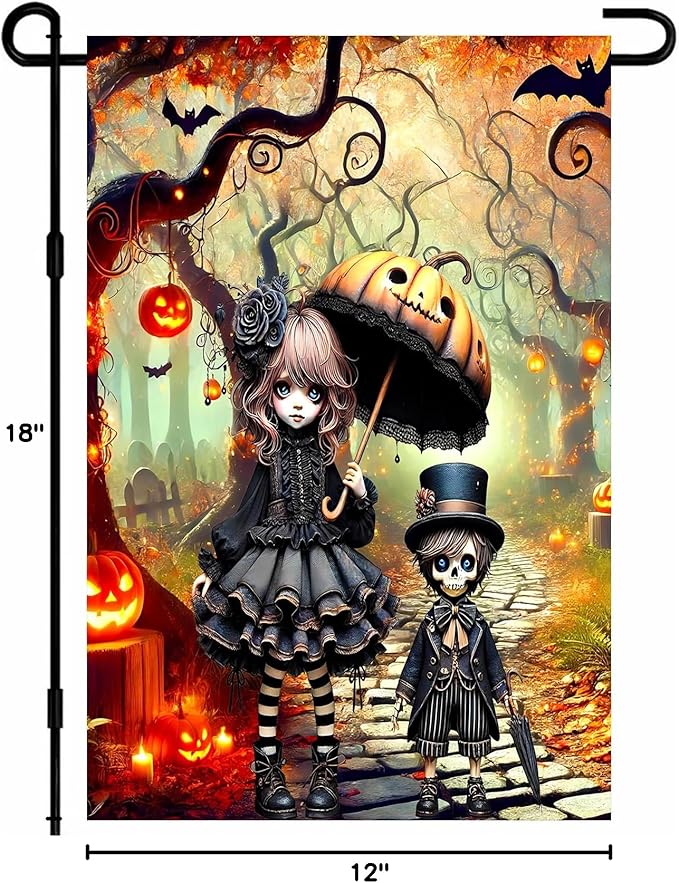 BlissYard Halloween Horror Garden Flag 12x18 Inch Gothic Doll Pumpkin Umbrella Skull Boy Flag Outdoor Yard Decoration House Banner Porch Lawn Patio Home Decor