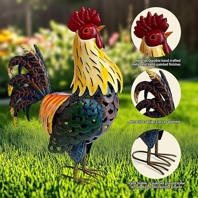 LIFFY Metal Chicken Yard Decor, 20" Rooster Outdoor Garden Solar Lights,Rooster Decorative Statues Outside with Led Light for Landscape Patio Lawn Backyard