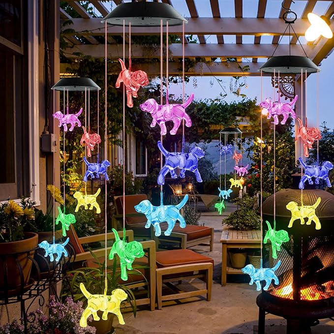 Solar Wind Chimes, Dog Wind Chimes Gifts for Mom Grandma Women Wife Girls, IP65 Waterproof Hanging Memorial Windchimes with 7 Color Changing LED Lights for Outside Garden Yard Decorations