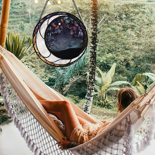 Stained Glass Window Hanging - Black and White Moon Sun Catcher for Door Terrace Garden Home Decor, Abstract Plant Flower Suncatcher Birthday Gifts for Lovers Women Men Dad Mom Nana 7.8 in