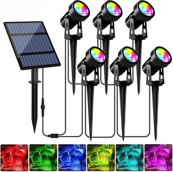 T-SUNUS RGB Solar Spot Lights Christmas Outdoor 6-in-1, Color Changing Landscape Spotlights Pond Lighting Waterproof IP65 9.8ft Cable for Tree Patio Pathway Yard Garden Wall Flag Halloween Holiday