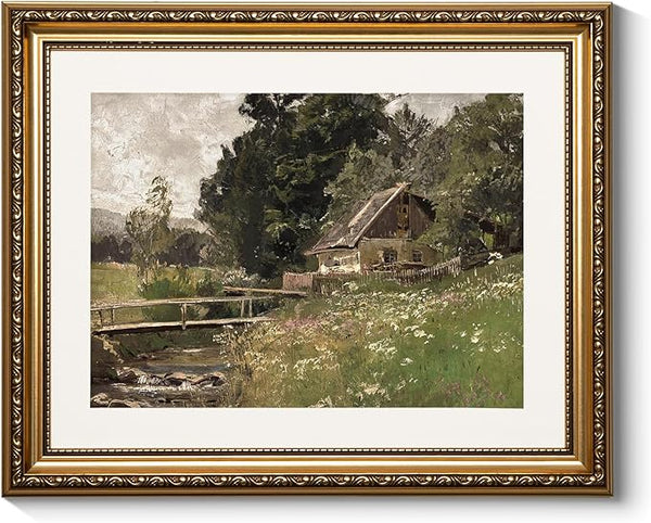 ARPEOTCY Vintage Gold Framed Wall Art, 13x16 inch Cottage at a Creek Landscape Paintings, Vintage Room Decor, Canvas Prints Antique Pictures Frame Home Wall Decor for Living Room Bedroom