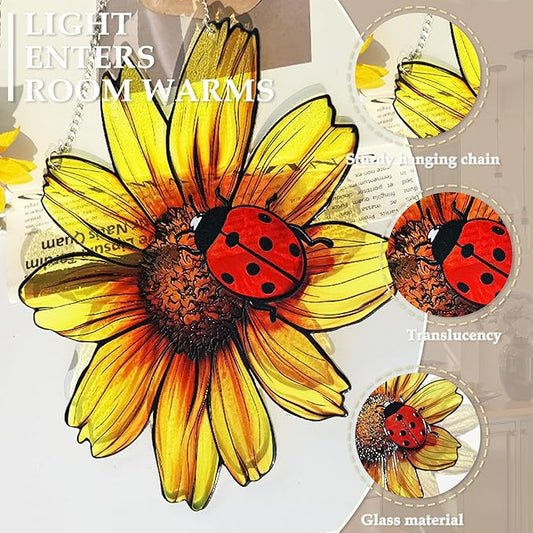 Sunflower and Ladybug Stained Glass, Sunflower Suncatcher for Window, Hanging Suncatcher for Grandma/Mom/Women