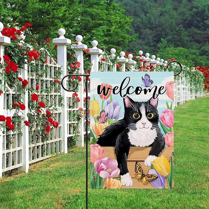 Artofy Welcome Spring Summer Tuxedo Cat Small Decorative Garden Flag, Tulip Flower Butterfly Yard Lawn Outside Decor Pet Lover Gift, Seasonal Floral Burlap Outdoor Home Decoration Double Sided 12 x 18