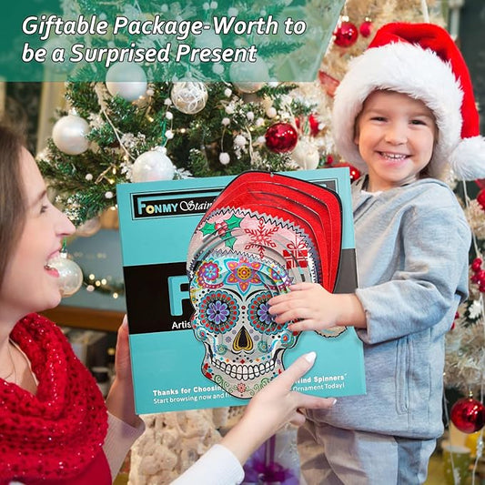 FONMY Santa Sugar Skull Wind Spinner Kinetic 3D Metal Garden Wind Sculpture Unique Gifts Christmas Decorations Quality Hanging Ornament for Home and Garden Indoor/Outdoor 12inch Mandala Wind Spinners