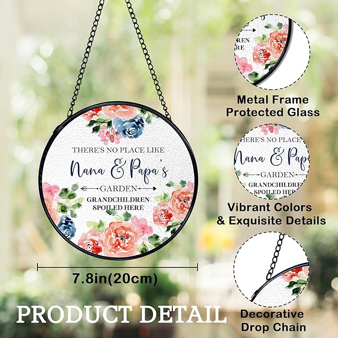 Patio Nana and Papa Gifts Suncatchers Stained Glass Window Hanging, Grandparents Gifts from Grandkids Sun Catchers Indoor Window, Grandma and Grandpa Gift, 7.9x7.9in