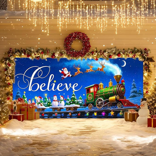 IVN Christmas Garage Door Cover Decoration 13x6ft Night Sky Train Sleigh and Stars Merry Christmas Garage Door Banner Home Door Front Yard Decor for Xmas Eve Holiday Outdoor