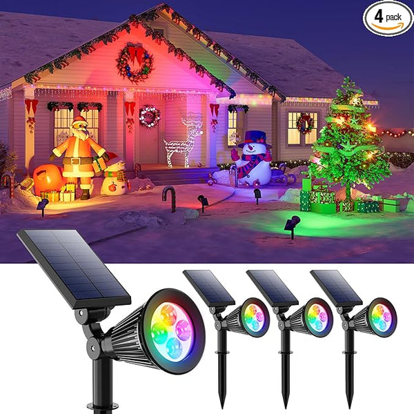 4 Pack Color Change Solar Spotlights Outdoor for Christmas Decorations, Tree, Snowman, Santa Claus, Elk Statue, Waterproof RGB Lanscape Spot Lights Uplighting for Outside House Wall, Yard, Garden